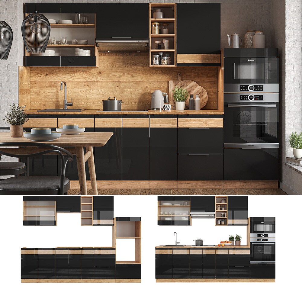 Vicco Küchenzeile Küchenblock Einbauküche Fame-Line Eiche Schwarz 280 cm modern Hochglanz Küchenschränke Küchenmöbel