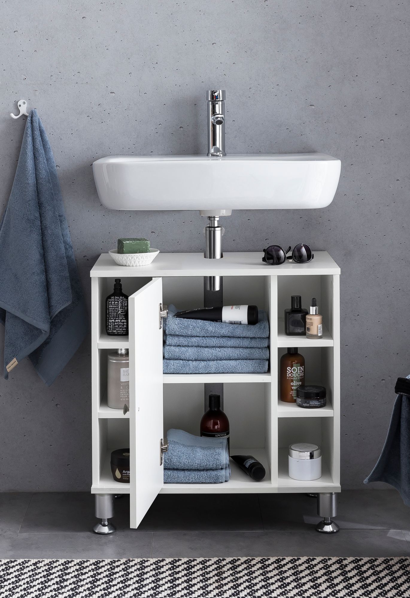 KADIMA DESIGN Moderner Badezimmer-Unterschrank, Chromfarbenfassung, großem Stauraum, justierbare Füße.