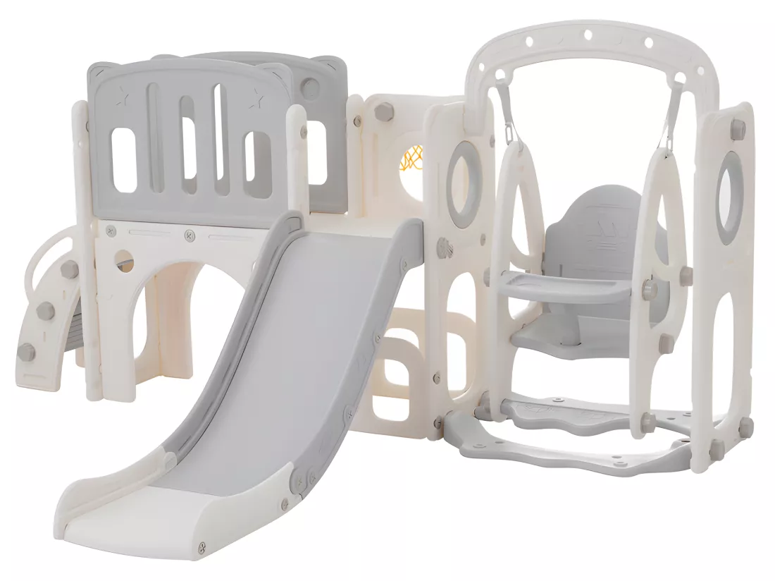 Toboggan pour enfants 7 en 1 - composé d'un toboggan, d'une balançoire, d'un panier de basket, d'un escalier, d'un tunnel, d'un passerelle et d'un rangement - Polyéthylène - Gris clair