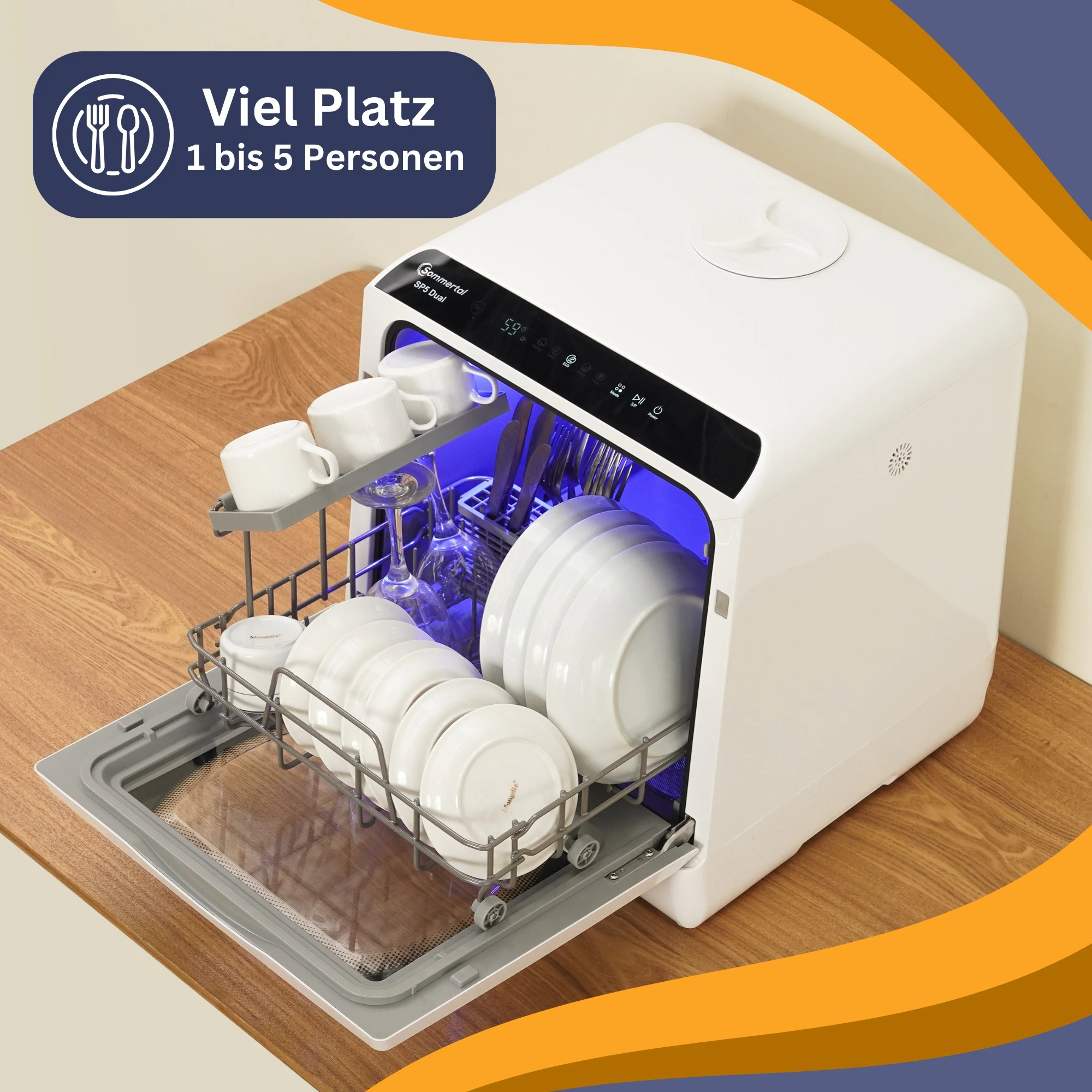 Sommertal Tischgeschirrspüler SP5 Dual – Mini Spülmaschine oder Tischspülmaschine mit 6 Waschprogrammen, 360° Reinigungsabdeckung, flexible Wasserversorgung – effizient & umweltschonend