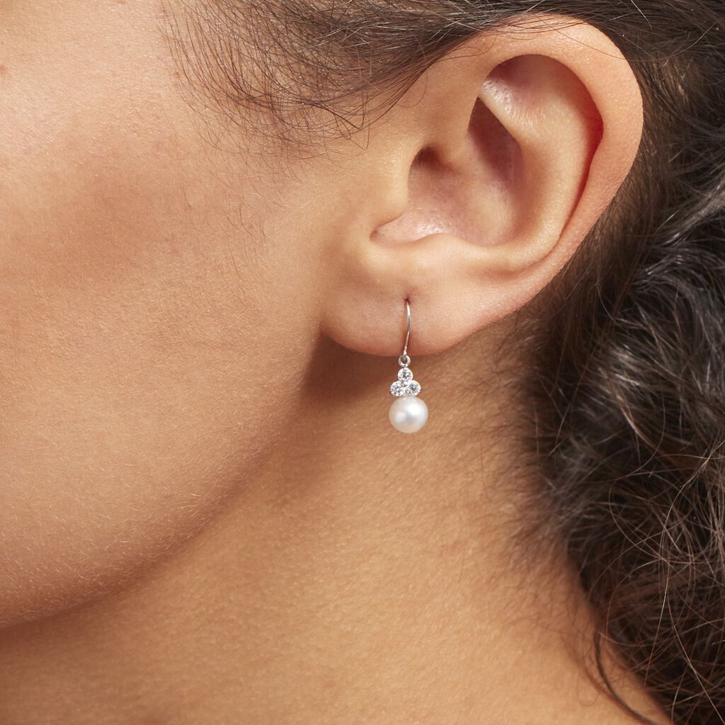 Boucles D'oreilles Pendantes Taissia Or Blanc Perle Culture Et Oxyde