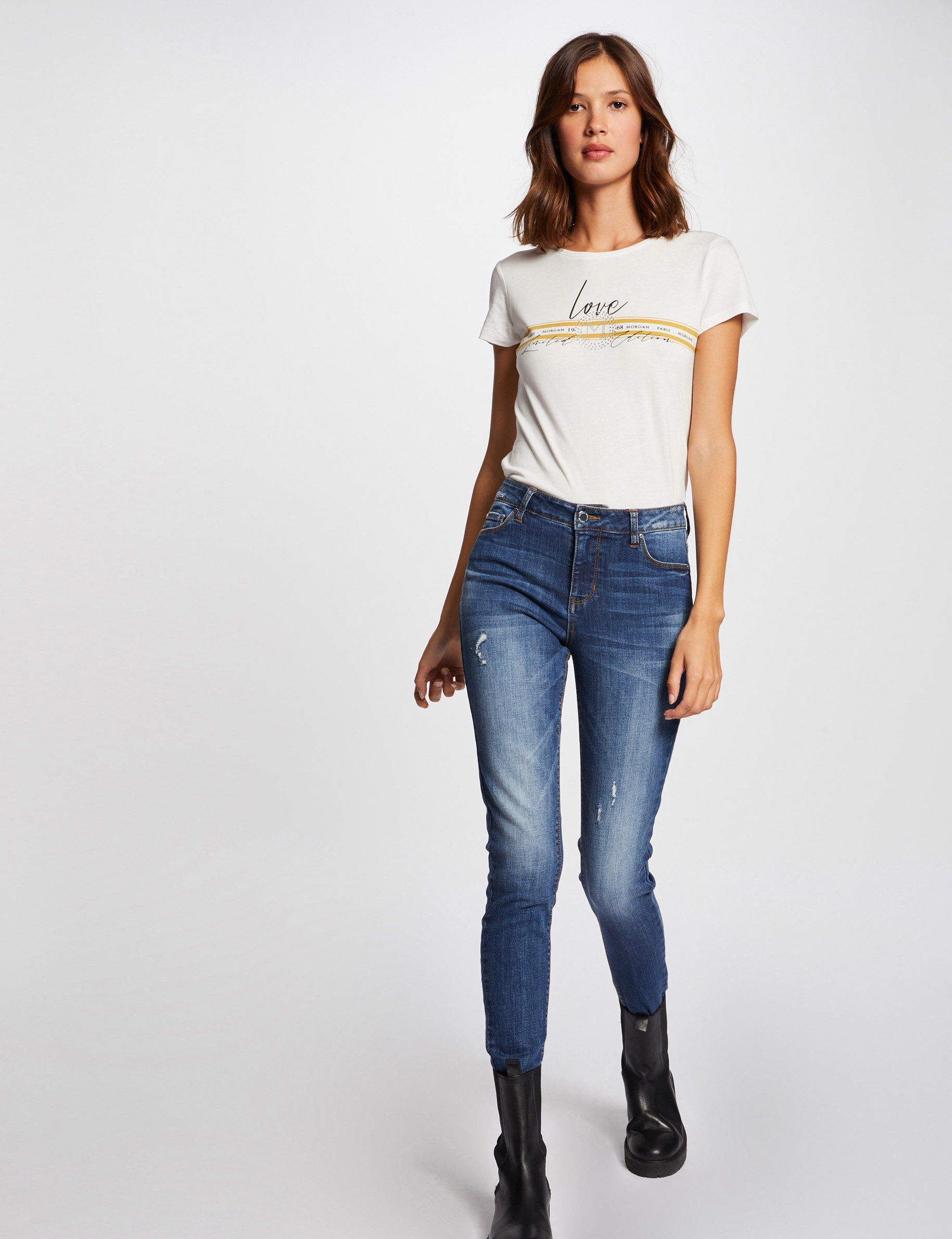 T-shirt manches courtes à inscription jaune femme - jaune