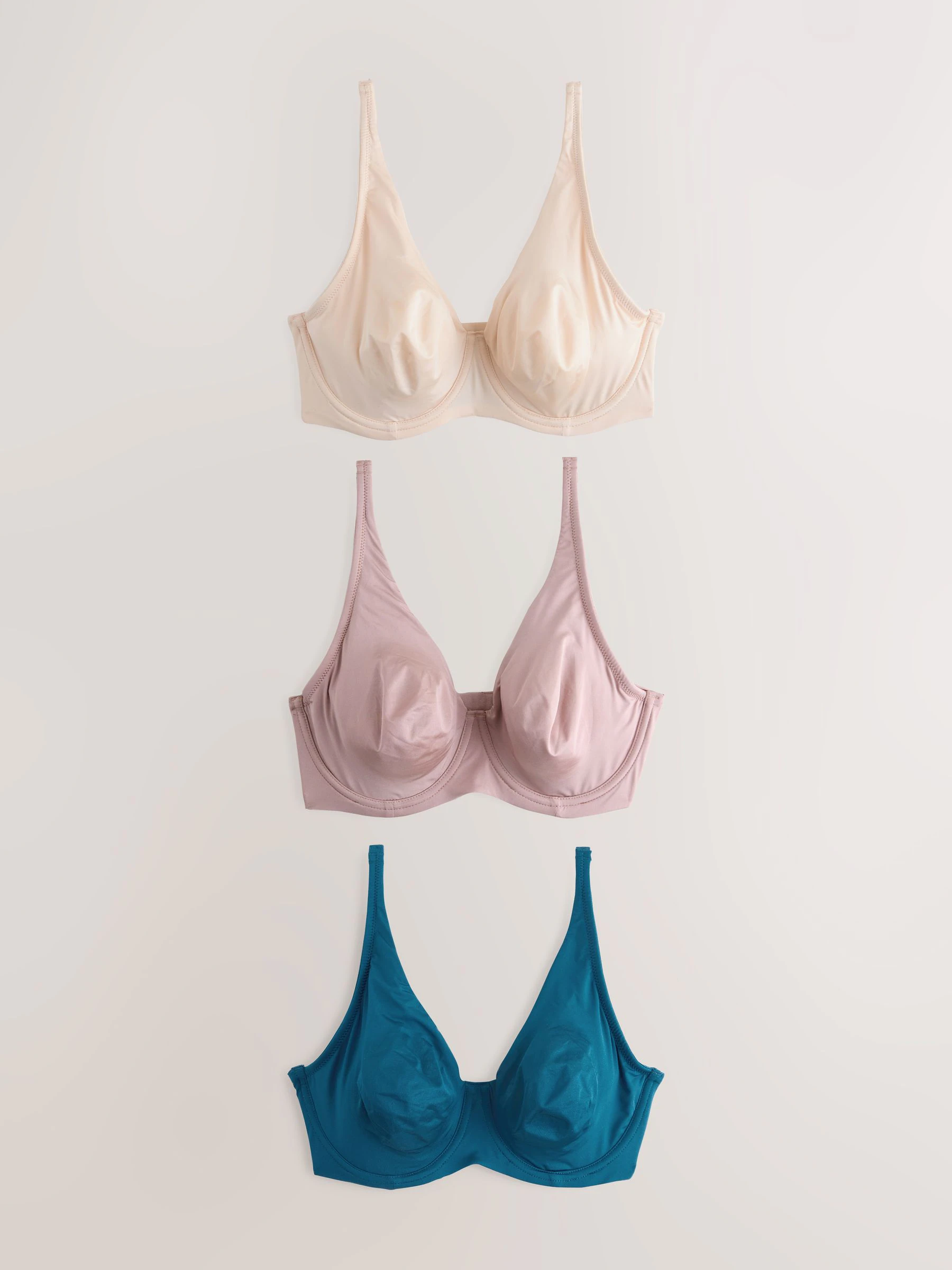 Blauw/roze/crème - Verpakking van 3 gladmakende T-shirtbeha's van microvezel, cupmaat DD+, ultiem comfort