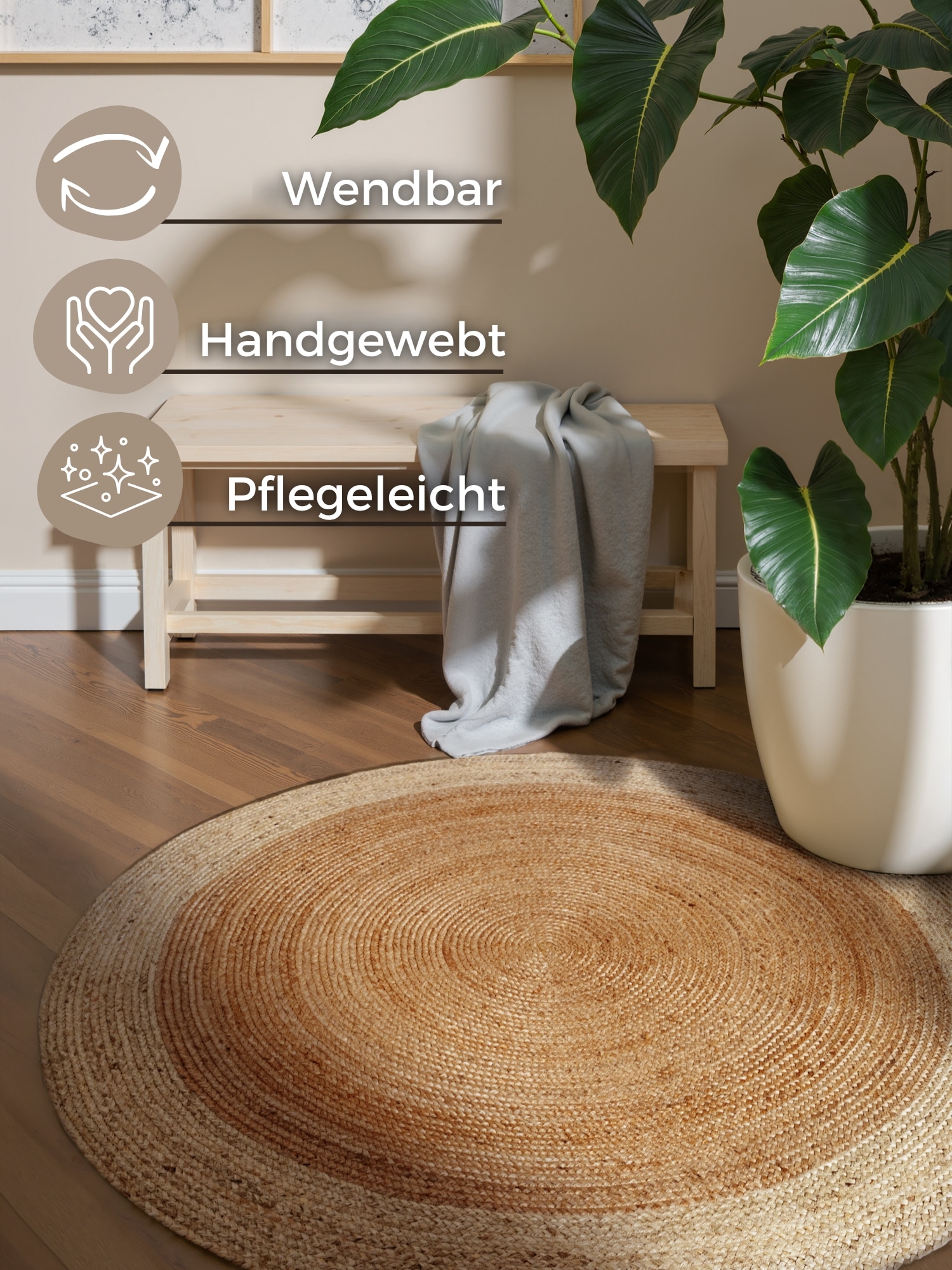 HANSE Home Teppich »Jutta Juteteppich« rund 9 mm Höhe 100% Jutefaser, Natur, Wohnzimmer, Esszimmer, Flur, Boho, Skandi