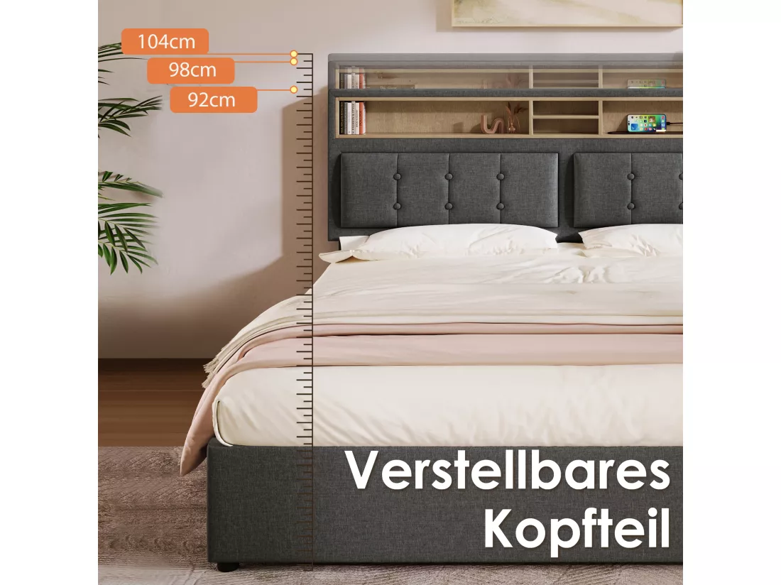 Lit coffre 160x200 cm en tissu lin - tête de lit réglable avec prises - avec sommier à lattes - Gris