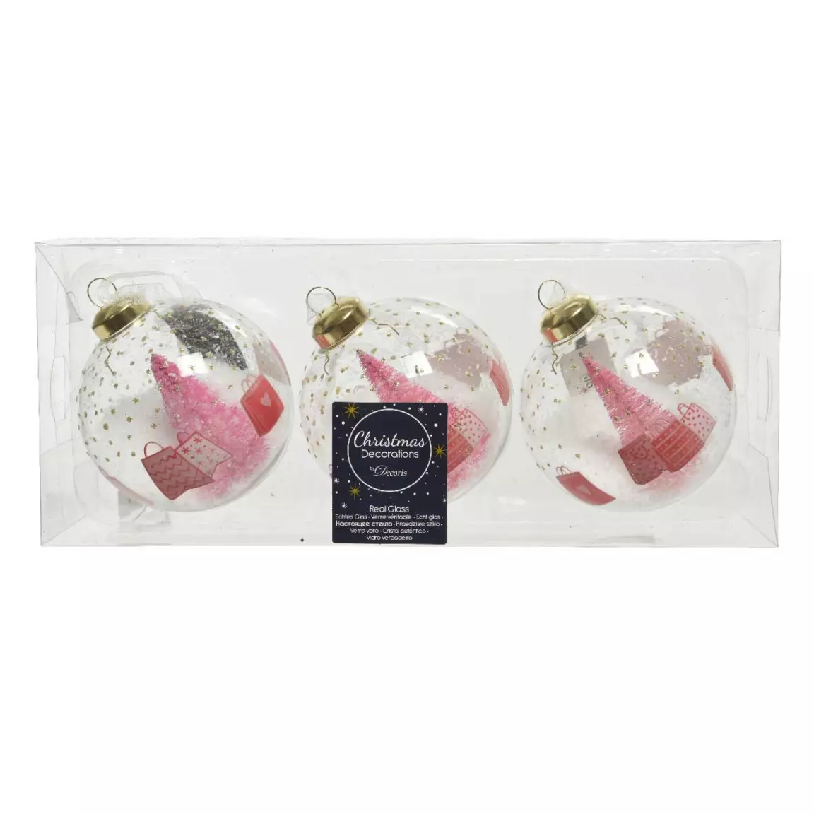 Lot de 3 boules de Noël en verre (D80 mm) Cadeau Transparent