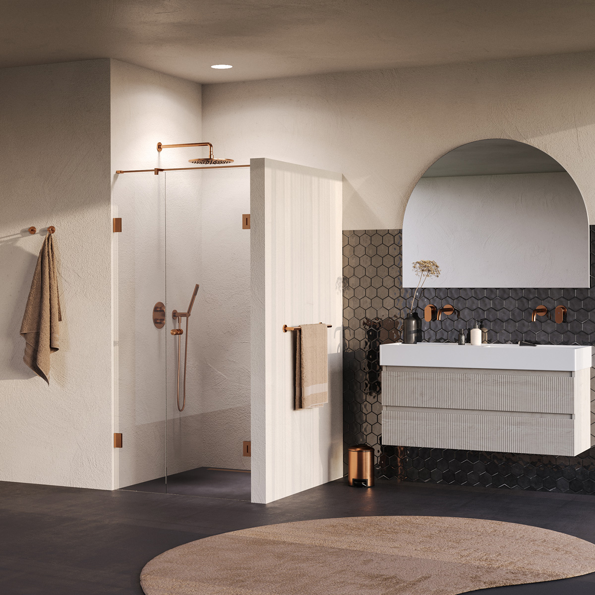 Brauer Void Carving profielloze nisdeur 90cm met draaideur 60cm aan muur koper geborsteld PVD