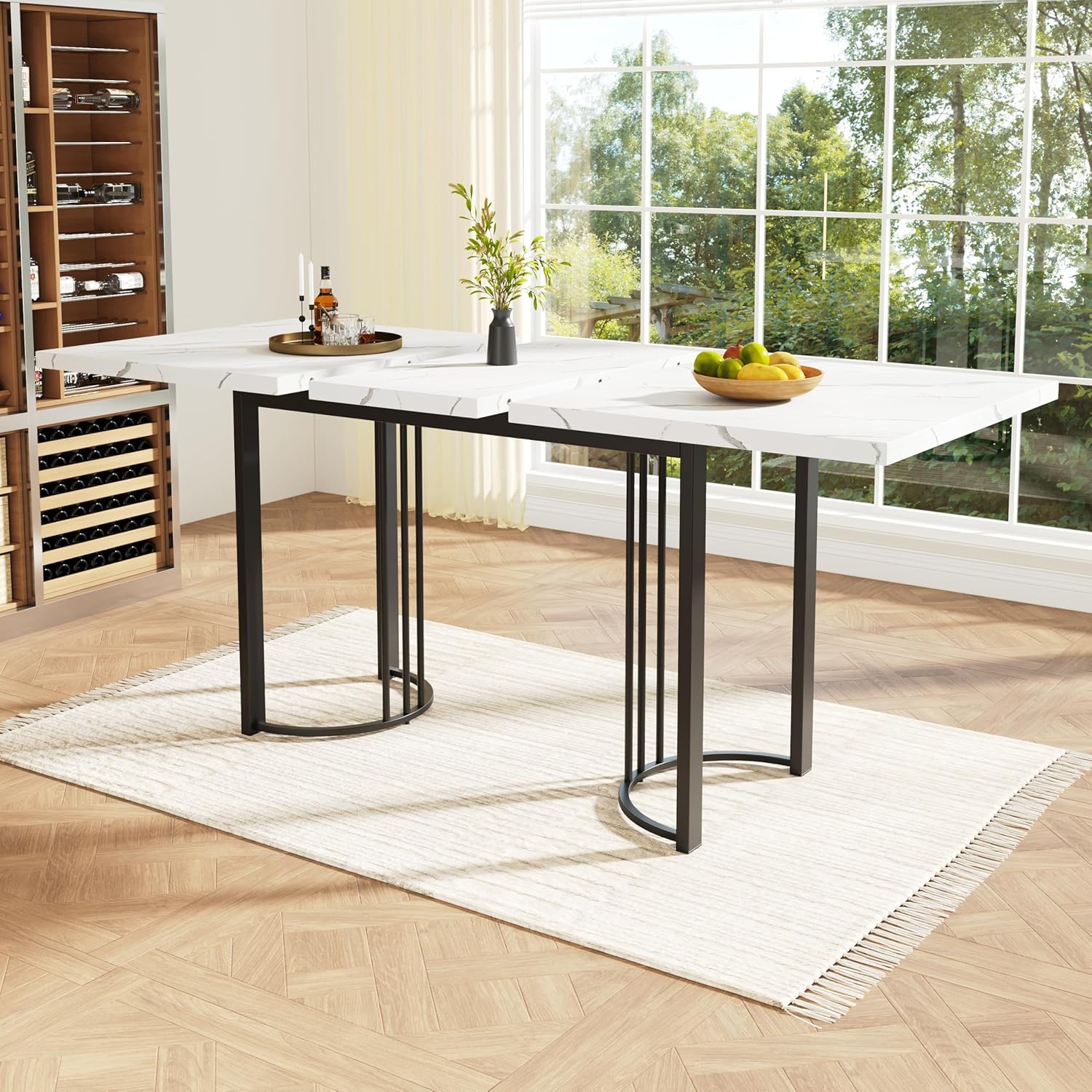 ModernLuxe Esstisch Teleskoptisch, Ausziehbarer Küchentisch (140-179.5x80cm) mit Metallgestell, Rechteckiger Esstisch für Esszimmer und Wohnzimmer, Platzsparend und Verlängerbar, Weiß/Schwarz