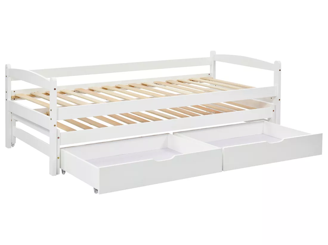 Lit gigogne avec 2 tiroirs - 200x90cm & 190x90cm - bois massif - blanc