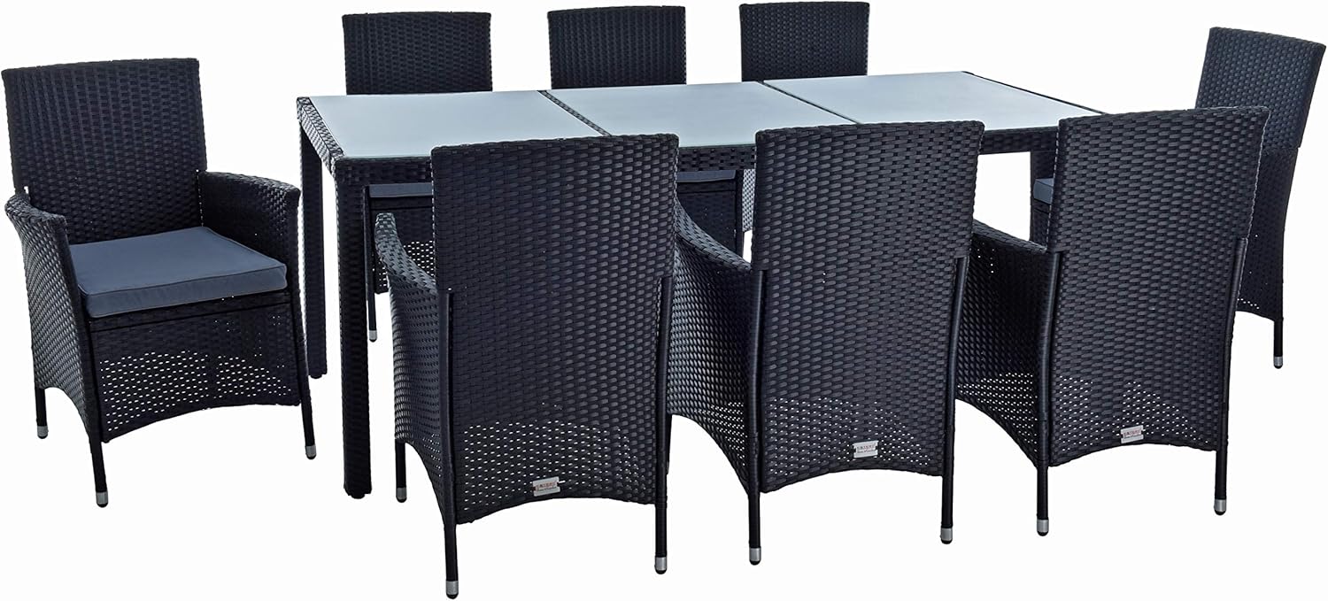 ESTEXO Polyrattan Sitzgruppe Gartenmöbel Set 8 Personen Rattanmöbel Gartenset Rattan Essgruppe Garten-Stühle Garten-Tisch Hocker Sessel mit Kissen (Schwarz)