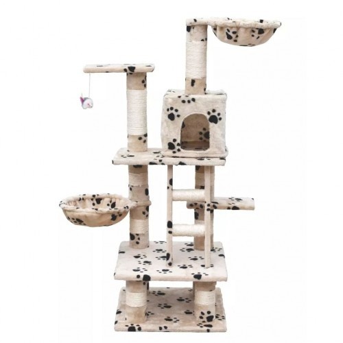 Poste arranhador de pelúcia para gatos, bege, com estampa de patas.