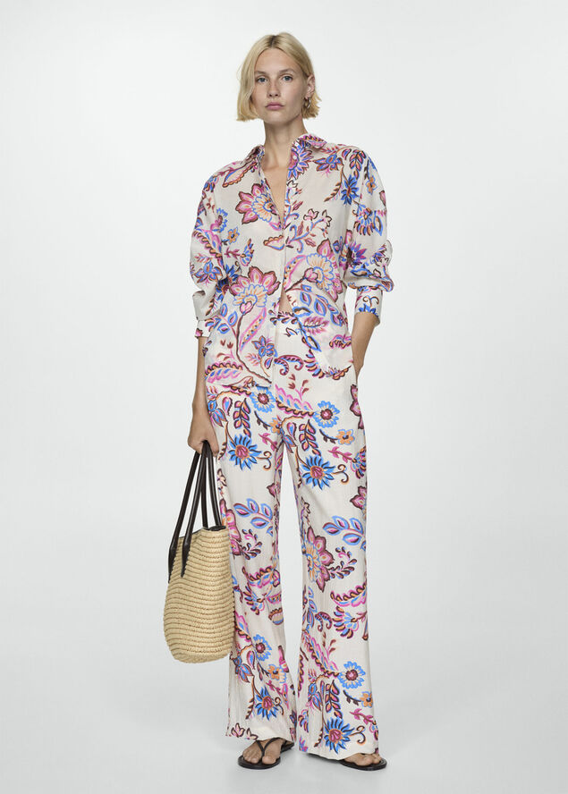 MANGO Floral print straight trousers Light beige