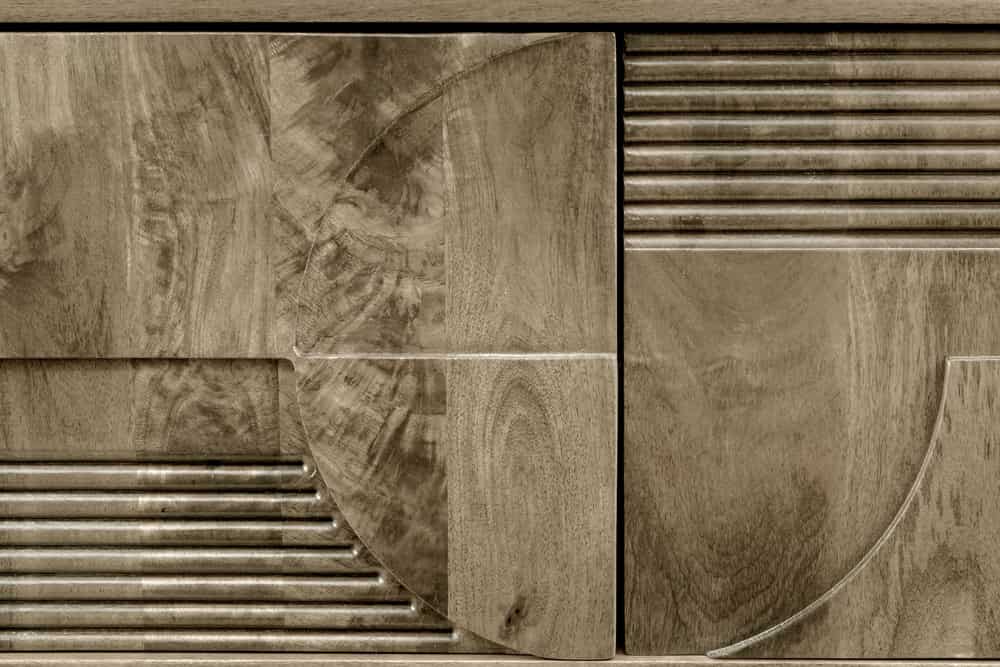 Massives TV-Board ART DECO 200cm grau Mangoholz Lowboard 3D-Front