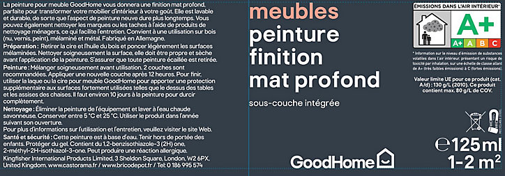 Peinture de rénovation meubles GoodHome blanc Toronto mat profond 125ml