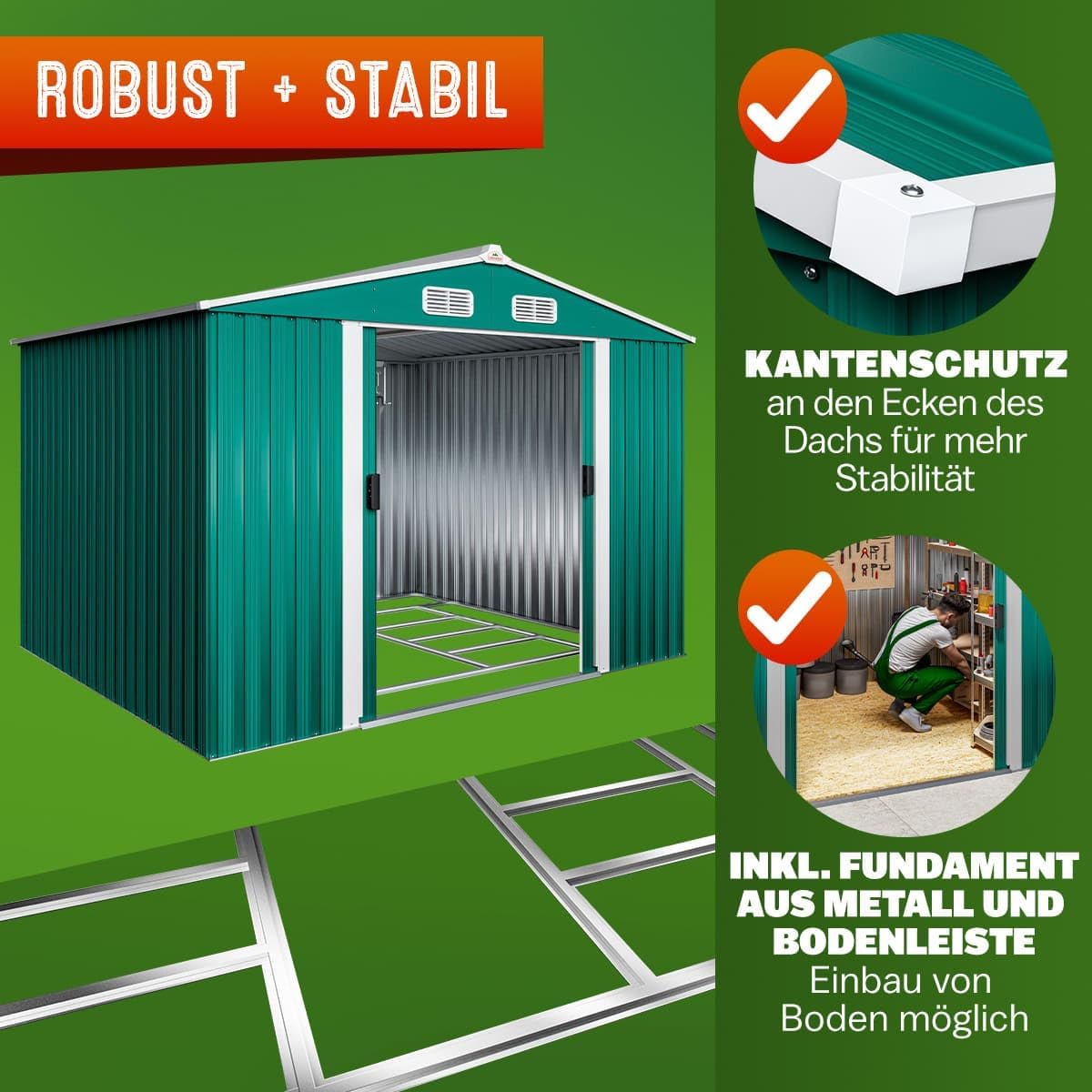 GARDEBRUK® XXL Metall Gerätehaus 5m² mit Fundament 260x205x180cm Schiebetür Grün Geräteschuppen Gartenhaus 9m³