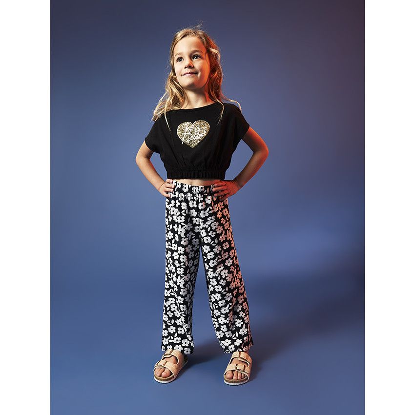 Pantalon large en jersey imprimé fleuri pour fille - Noir