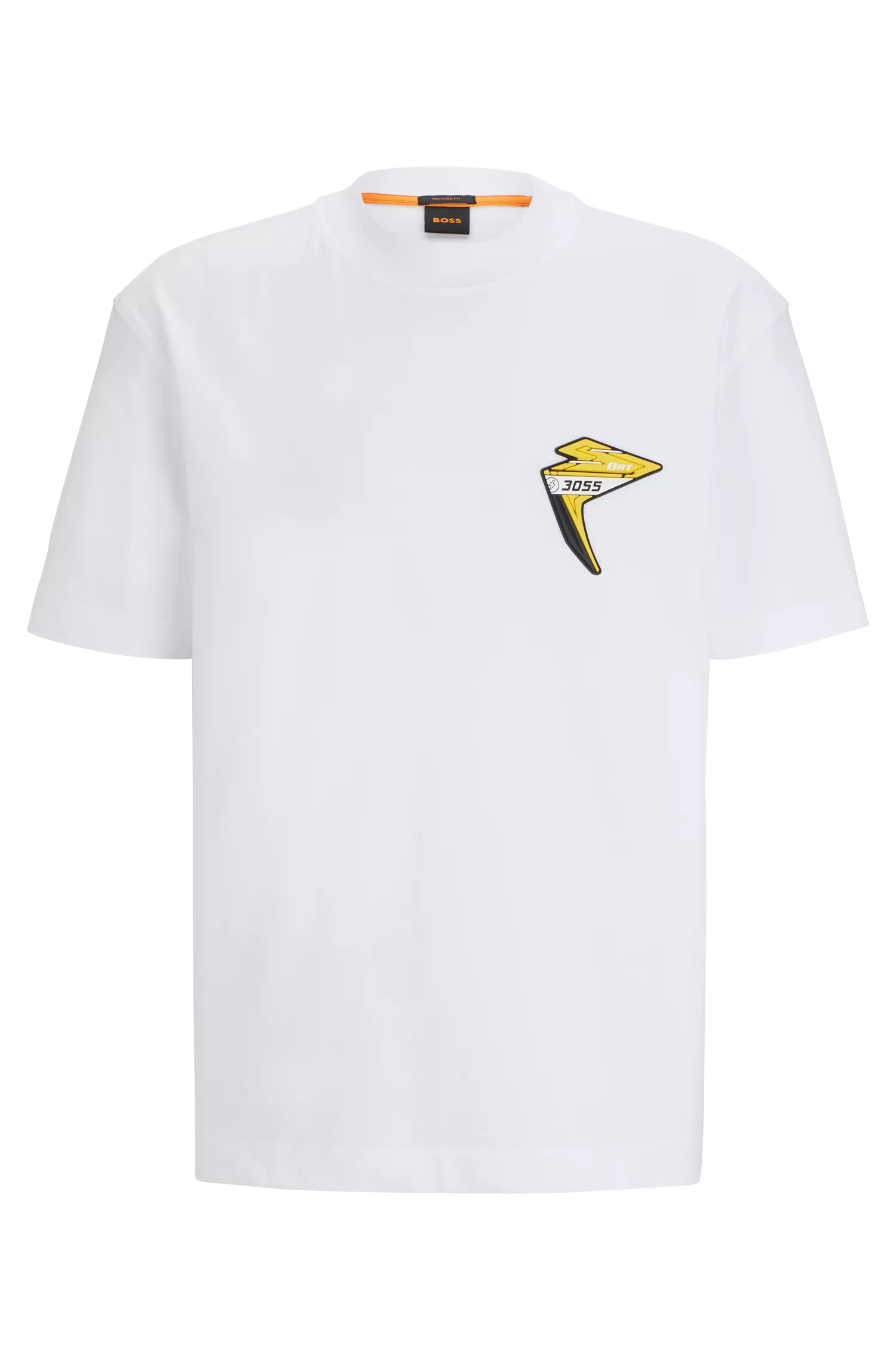 Camiseta BOSS laranja em malha de algodão com patch de logotipo inspirado em corridas.