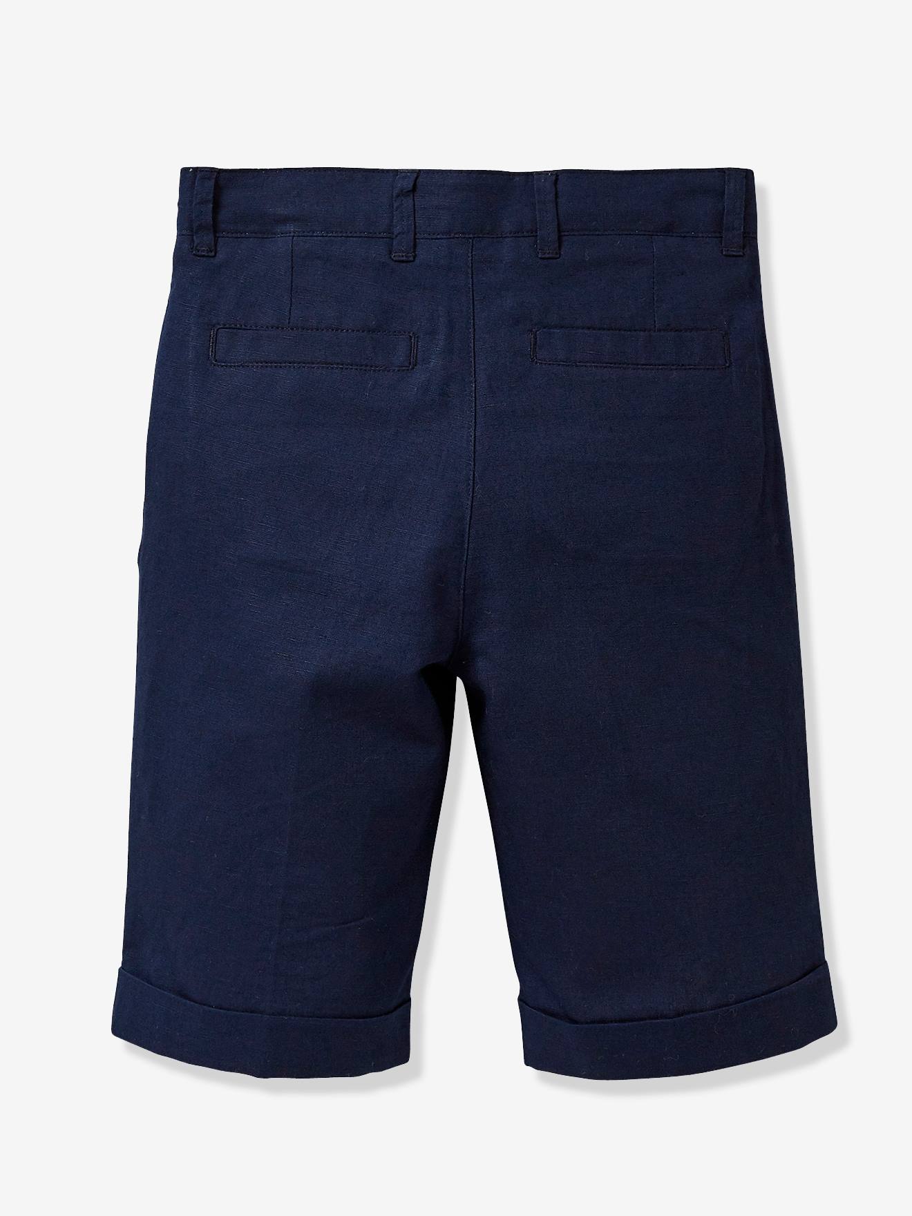 Bermuda formal infantil masculina CYRILLUS em linho/algodão, cor azul-marinho lisa.