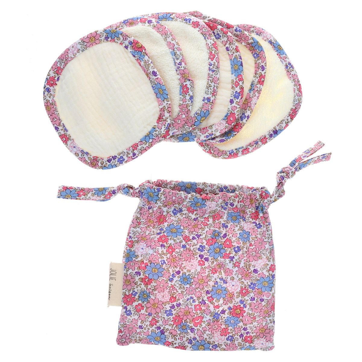 Lot de 6 lingettes lavables fleuries bleu et rose Jolie saison