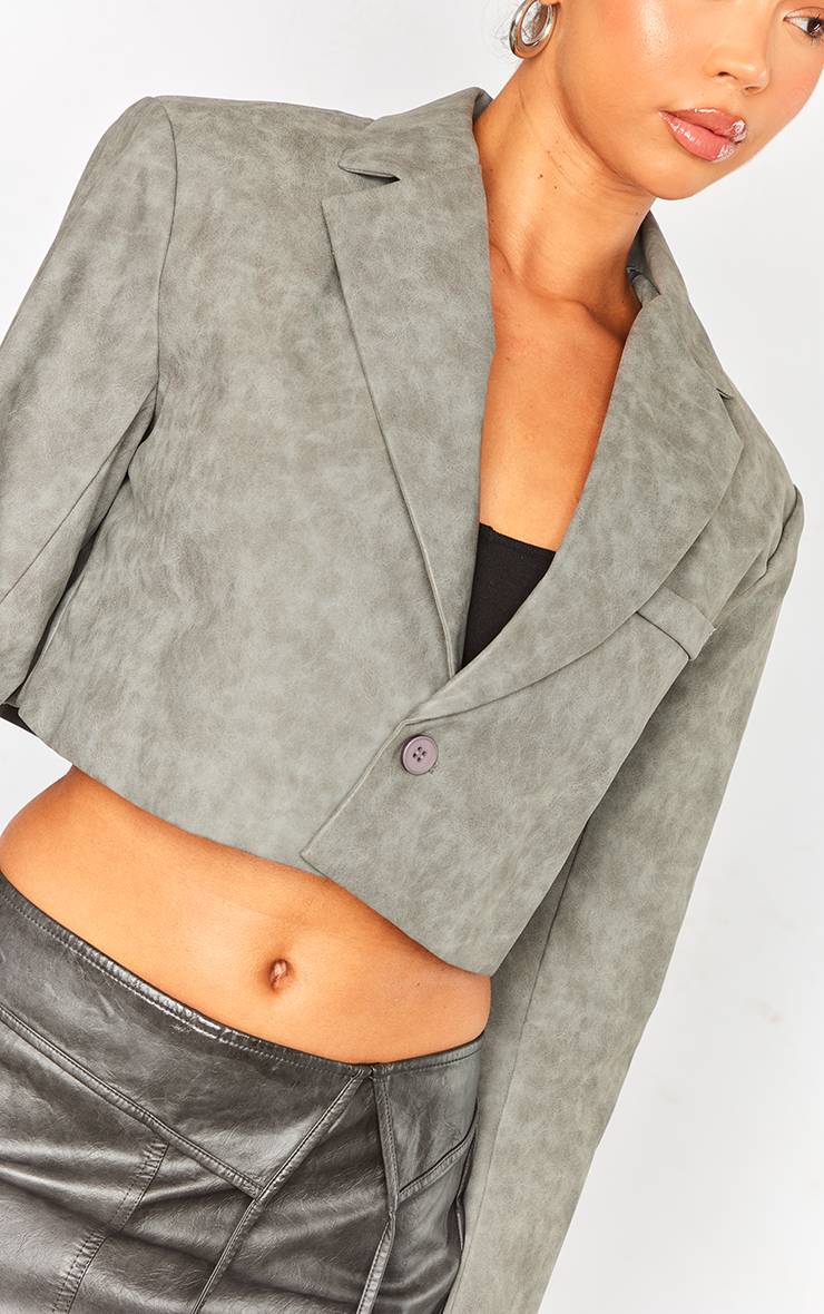 Gris Blazer Court En Synthétiquecuir Aspect Usé