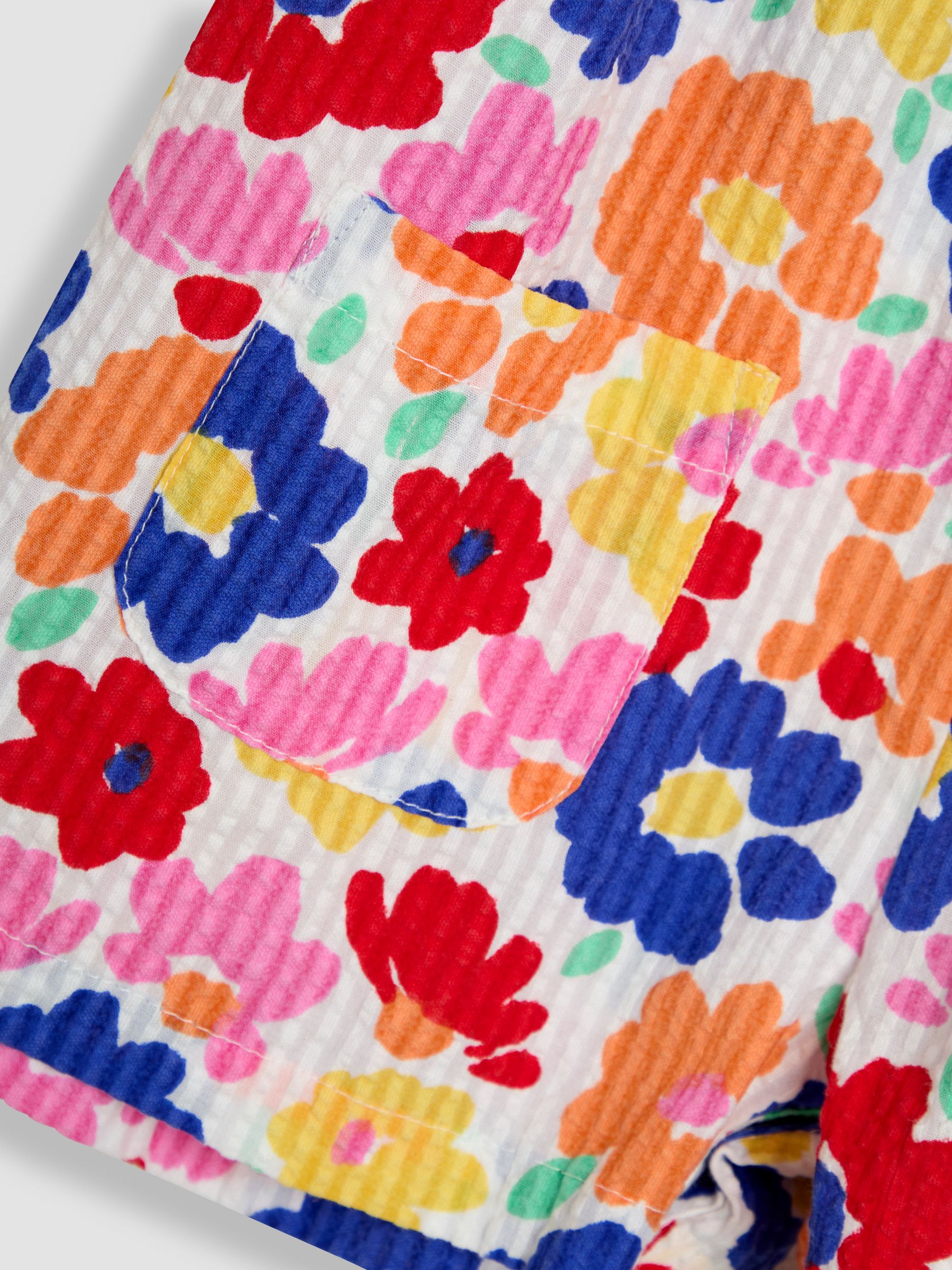 Bright Fuchsia Floral Seersucker - JoJo Maman Bébé Frill Sleeve 100% Cotton Playsuit