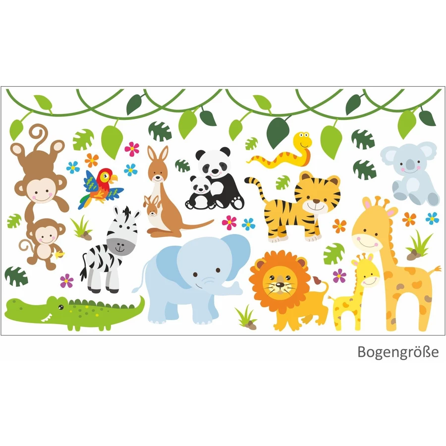 Nikima Wandtattoo 013 Wandtattoo Baby Tiere modern Zoo Löwe Elefant Giraffe Affe Zebra Krokodil bunt