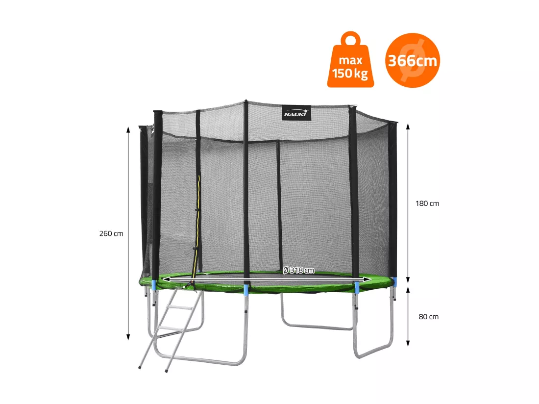 Hauki Trampoline Outdoor, Ø366 cm, vert, certifié GS, trampoline de jardin rond pour enfants jusqu'à 150 kg, set complet avec filet de sécurité, échelle, couverture des bords, barres rembourrées, trampoline stable pour enfants