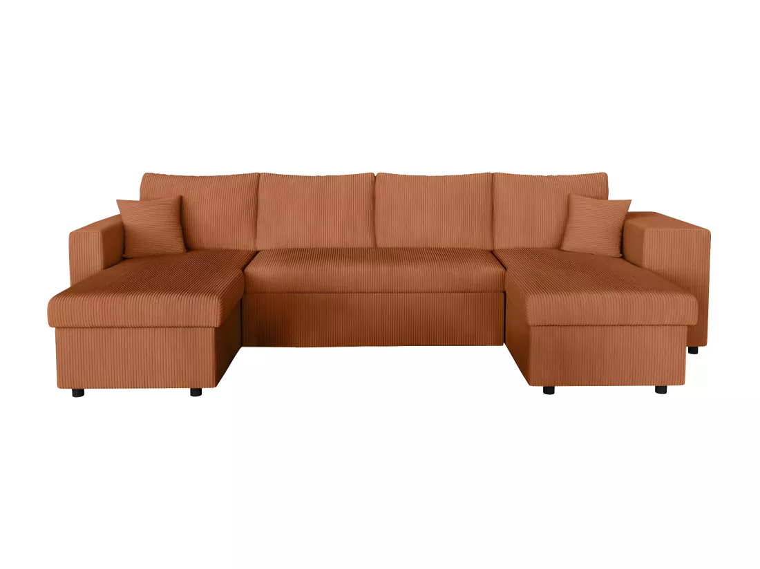 Canapé panoramique Oslo convertible avec 2 coffres, 2 poufs à droite en velours côtelé terracotta - L311 x P146 x H81cm - Loungitude