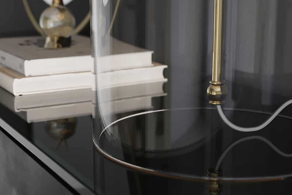 Moderne Tischlampe CLASSICO 60cm transparent Glas weiß gold Leinenschirm