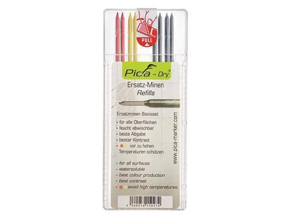 Refill stifter til PICA dry dybhulsmarkør, Grafit stifter i samme hårdhed som almindelige tømrerblyant. Med 4xgrafit, 2xrød, 2xgul. - (10 stk.)