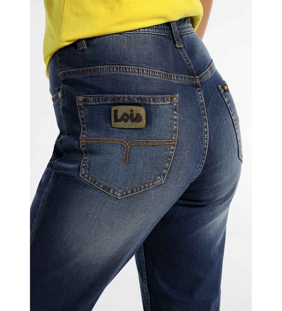 Calça jeans Lois Jeans Denim Medium Dark Damage 1962 Mom Fit Azul