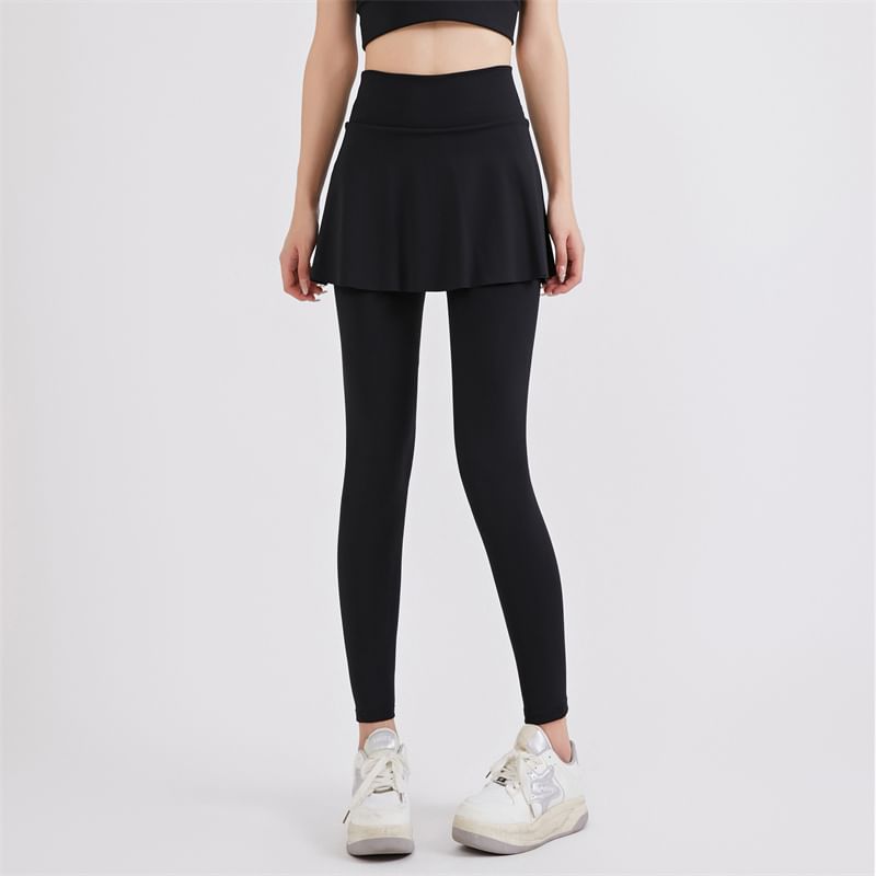 KUMI - Set: Sportieve effen bh-top + yogabroek met hoge taille en rokoverlay