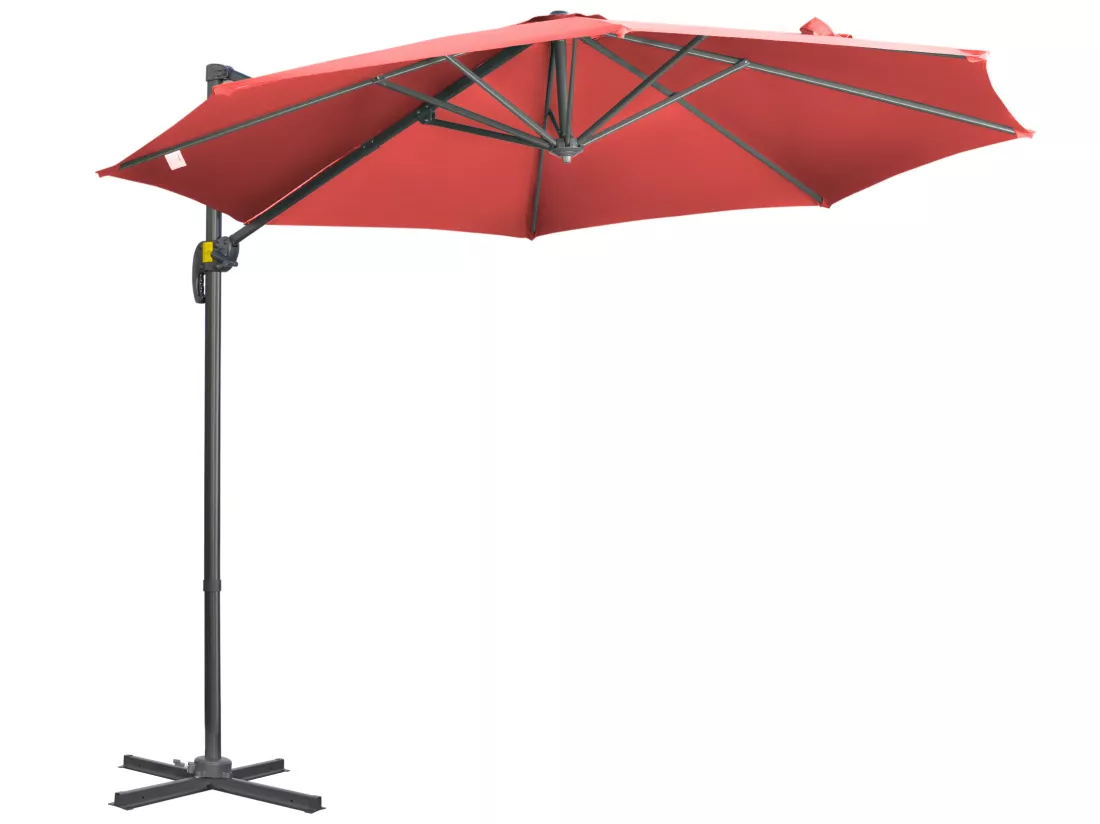 Parasol déporté octogonal inclinable manivelle avec pied en acier Ø 2,94 x 2,48H m rouge