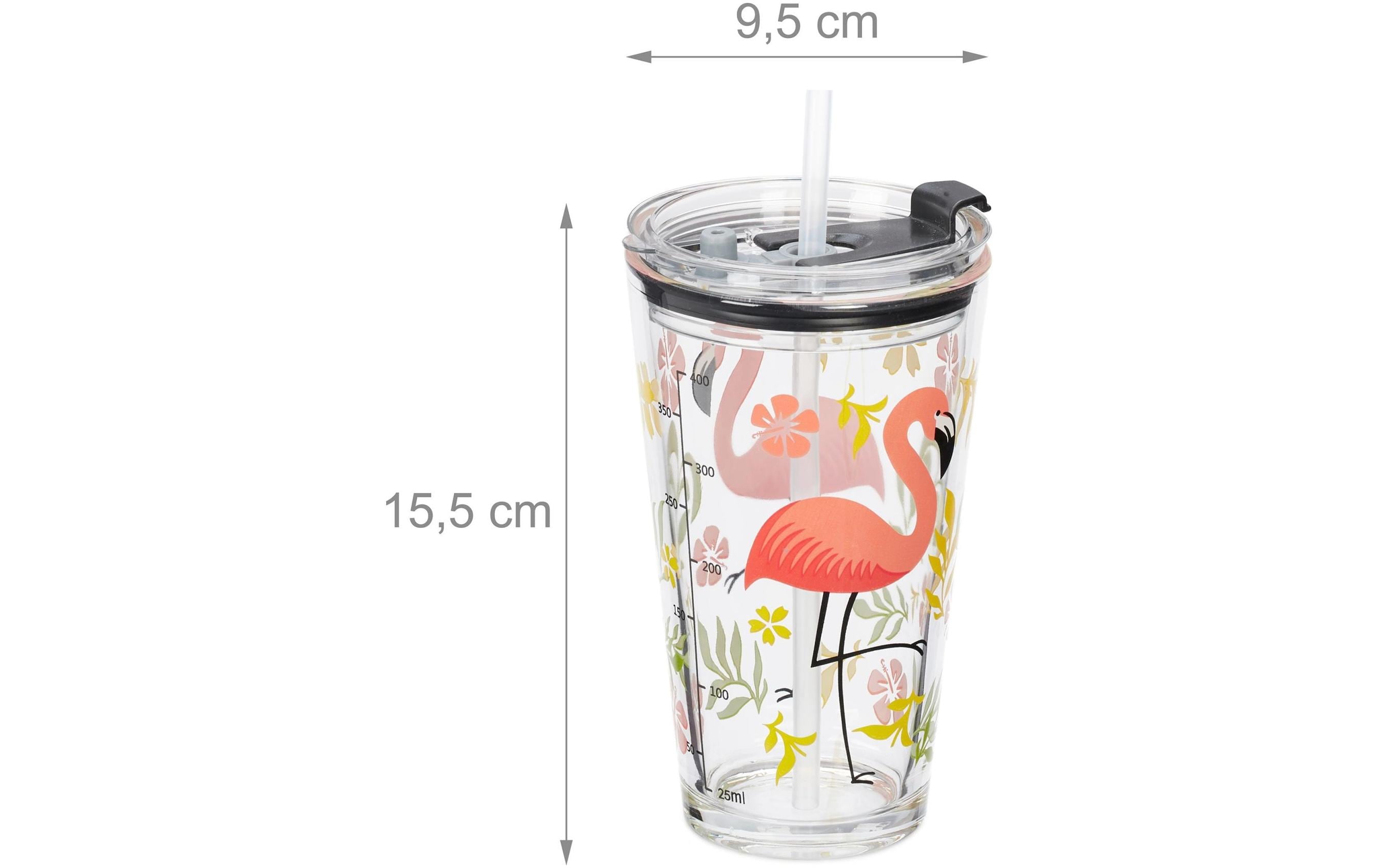 Trinkglas Flamingo 4 Stück, 450 mlGlas mit Deckel und Strohhalm
