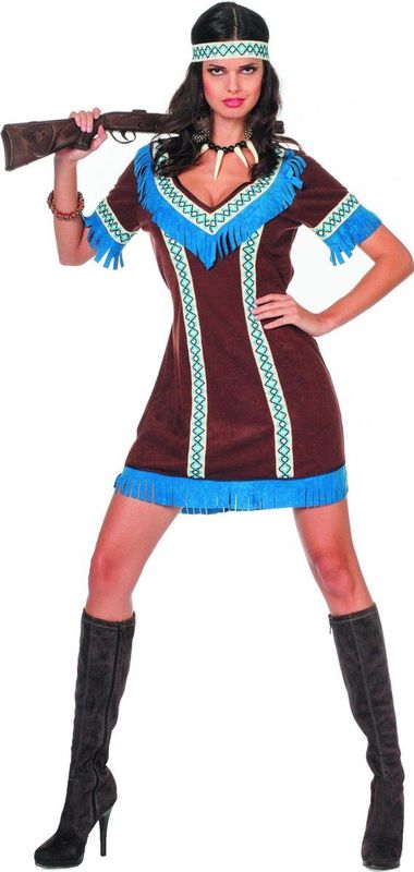 Indianen - Jurk Tenderfoot - Bruin Blauw - Zachte Stof - Inclusief Hoofdband
