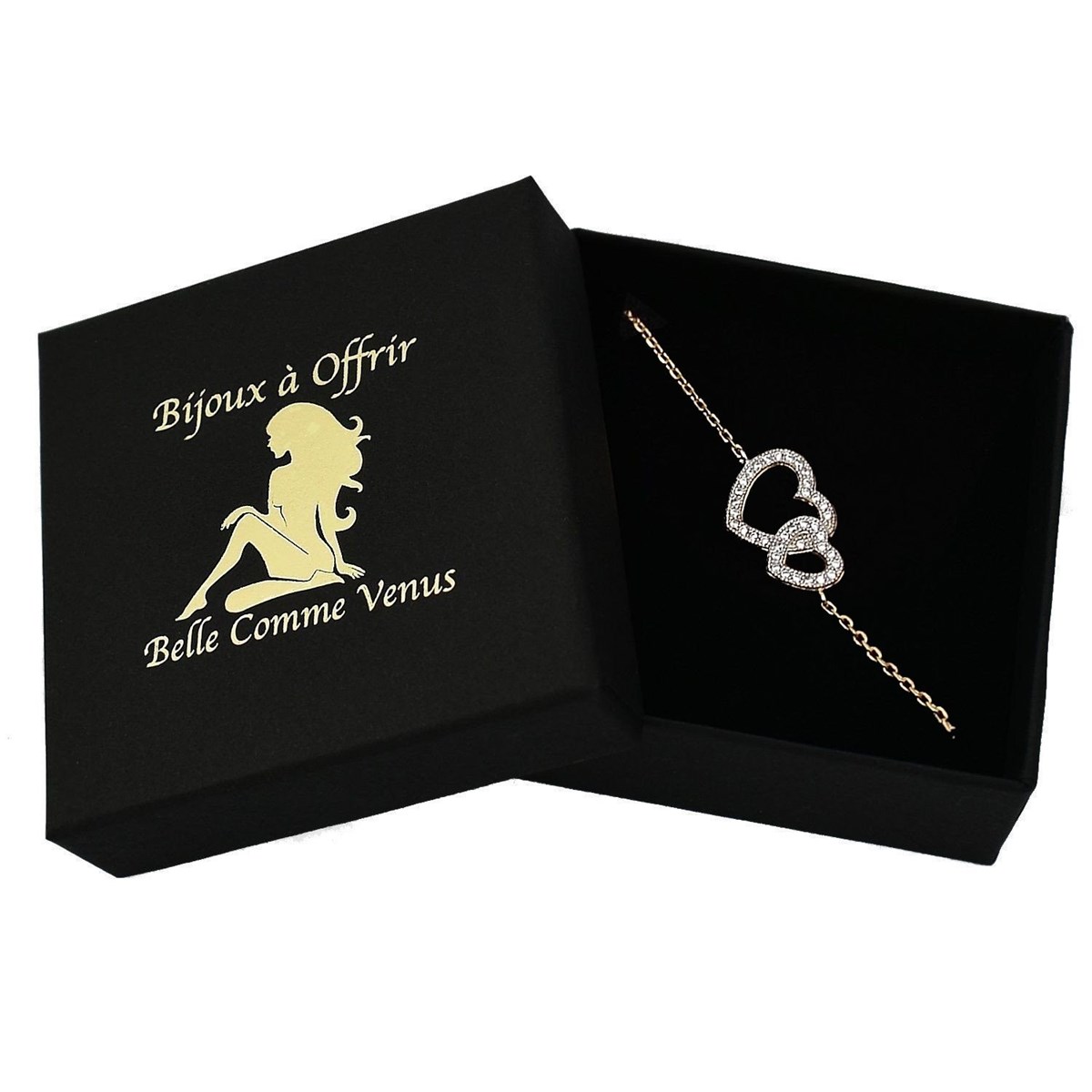 Bracelet 2 coeurs sertis d'oxyde de zirconium Plaqué OR 750 3 microns 2 tons