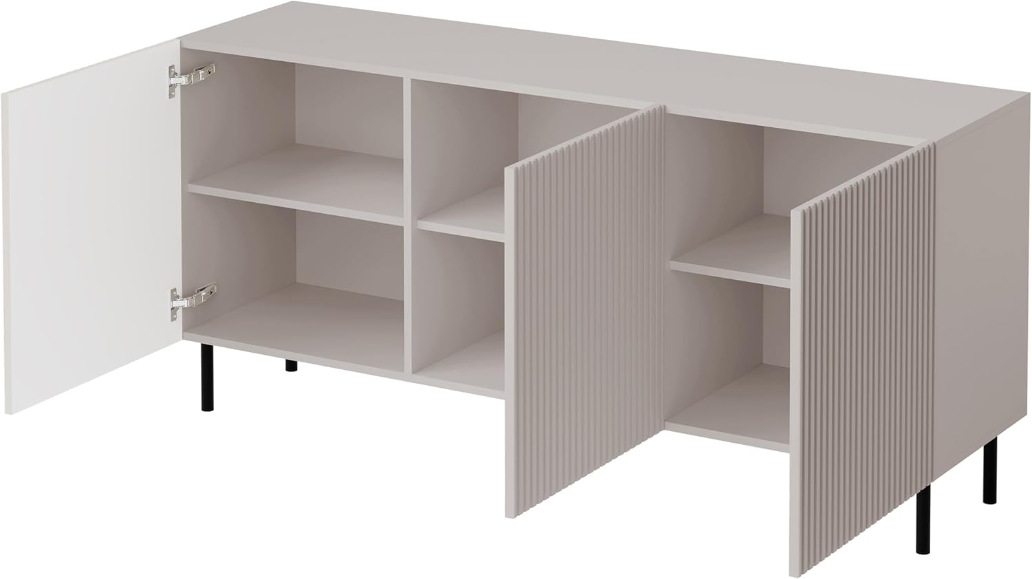 Mirjan24 Kommode Arypot 3D mit 3 Türen, gefräster Front, Griffloses System, Metallfüße, Highboard, Anrichte, Sideboard, Mehrzweckschrank, Wohnzimmerschrank (Cashmere)
