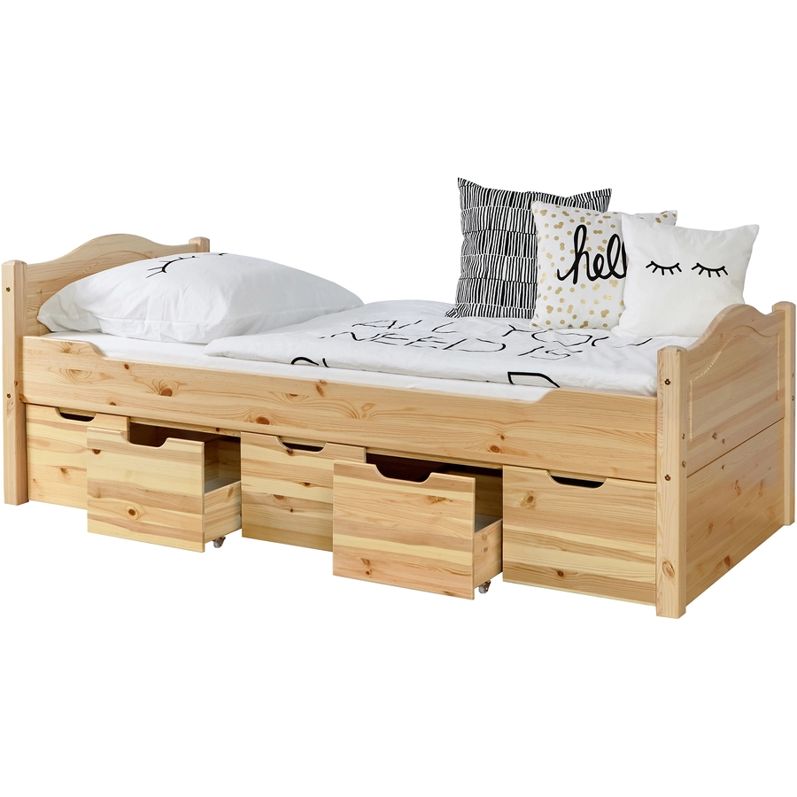 TiCAA Einzelbett Leni 90 x 200 cm Kiefer natur mit 5 Schubladen