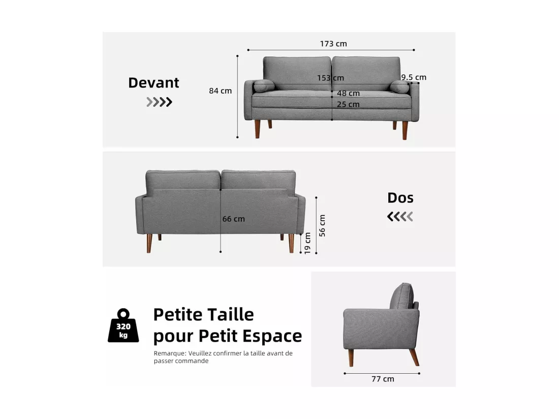 Canapé 3 places en tissu Lin gris - Scandinave - avec 2 Oreillers et Accoudoirs - Pieds bois massif - 173x77x84cm