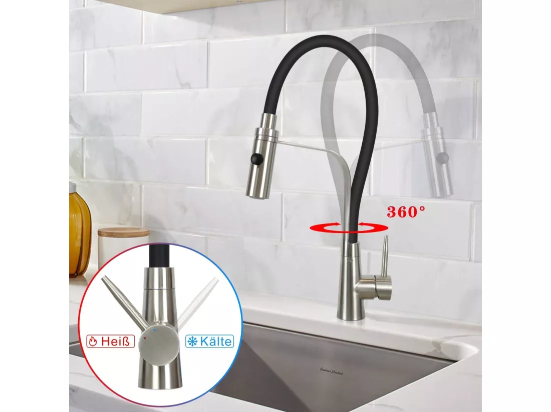 NETTLIFE Robinet de Cuisine avec Flexible Grands extensibles avec pomme de douche, 46,5 cm, noire , mélangeur à haute pression pivotant à 360