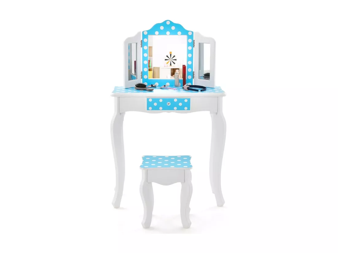 2 en 1 Coiffeuse Enfants Fille avec Miroir Amovible à 3 Volets & Tabouret, Table de Maquillage avec Tiroir & Dispositif Anti-Basculement, Charge 50kg pour Enfants de 3-7 Ans