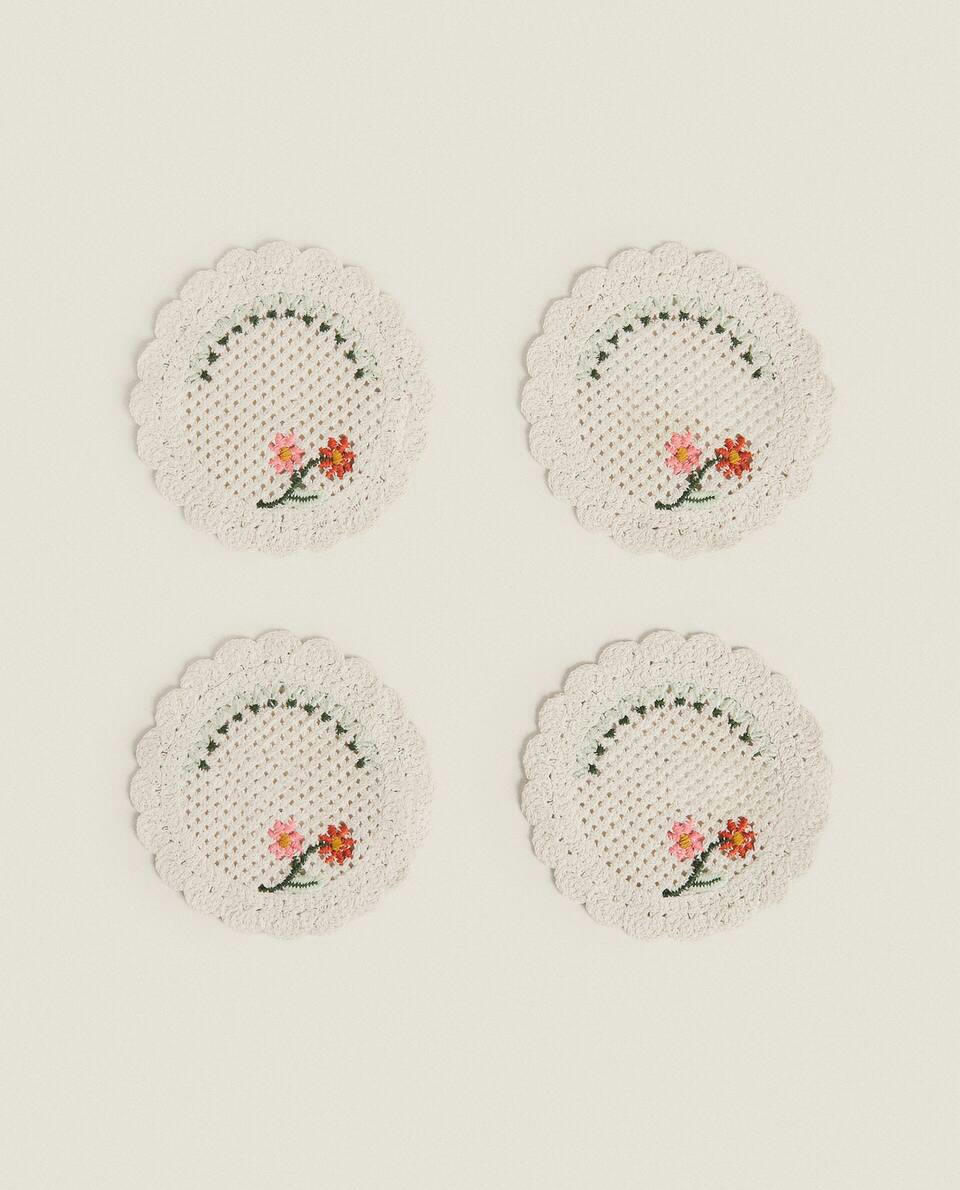 Conjunto de 4 porta-copos de algodão bordado