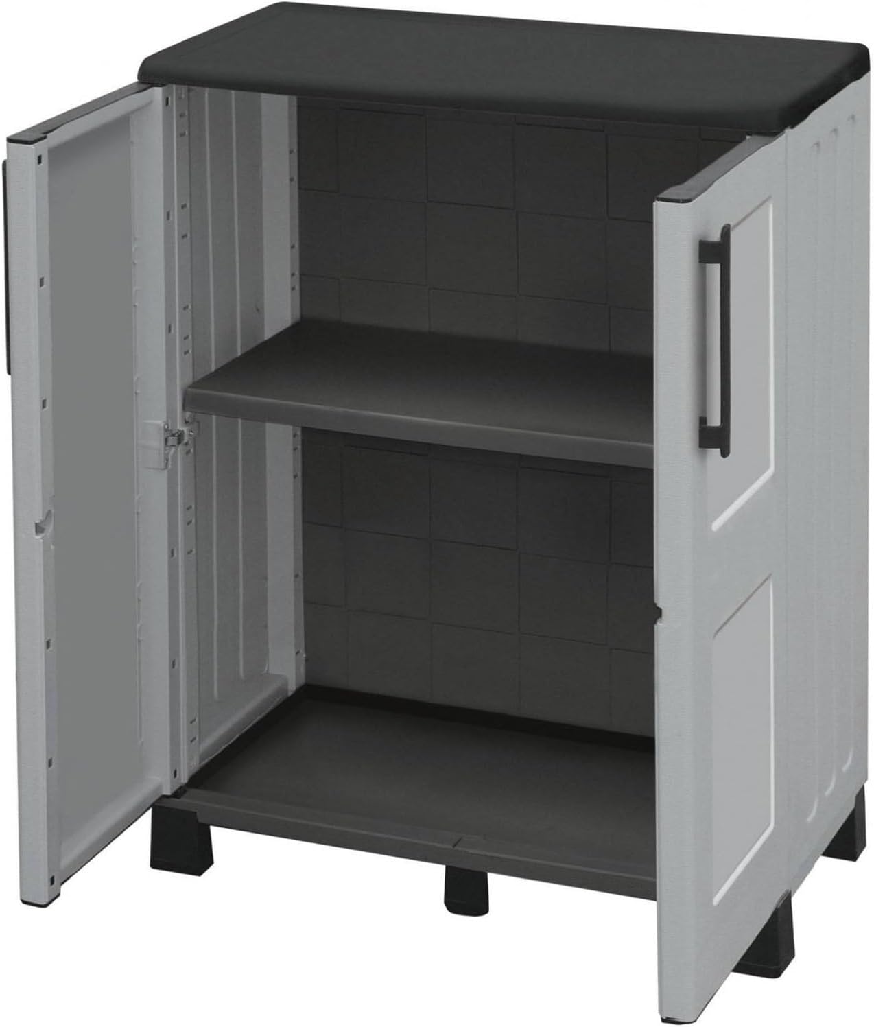 Dmora - Wavre-Außengarderobe, Mehrzweck-Balkongarderobe, 2-türiger Außenschrank, 100% Made in Italy, 68 x 37 x 90 cm, Hellgrau und Schwarz, Kariertes Finish