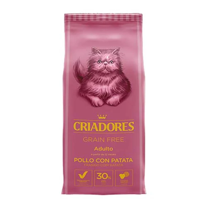 Ração para gatos adultos Breeders, sabor frango, sem grãos.
