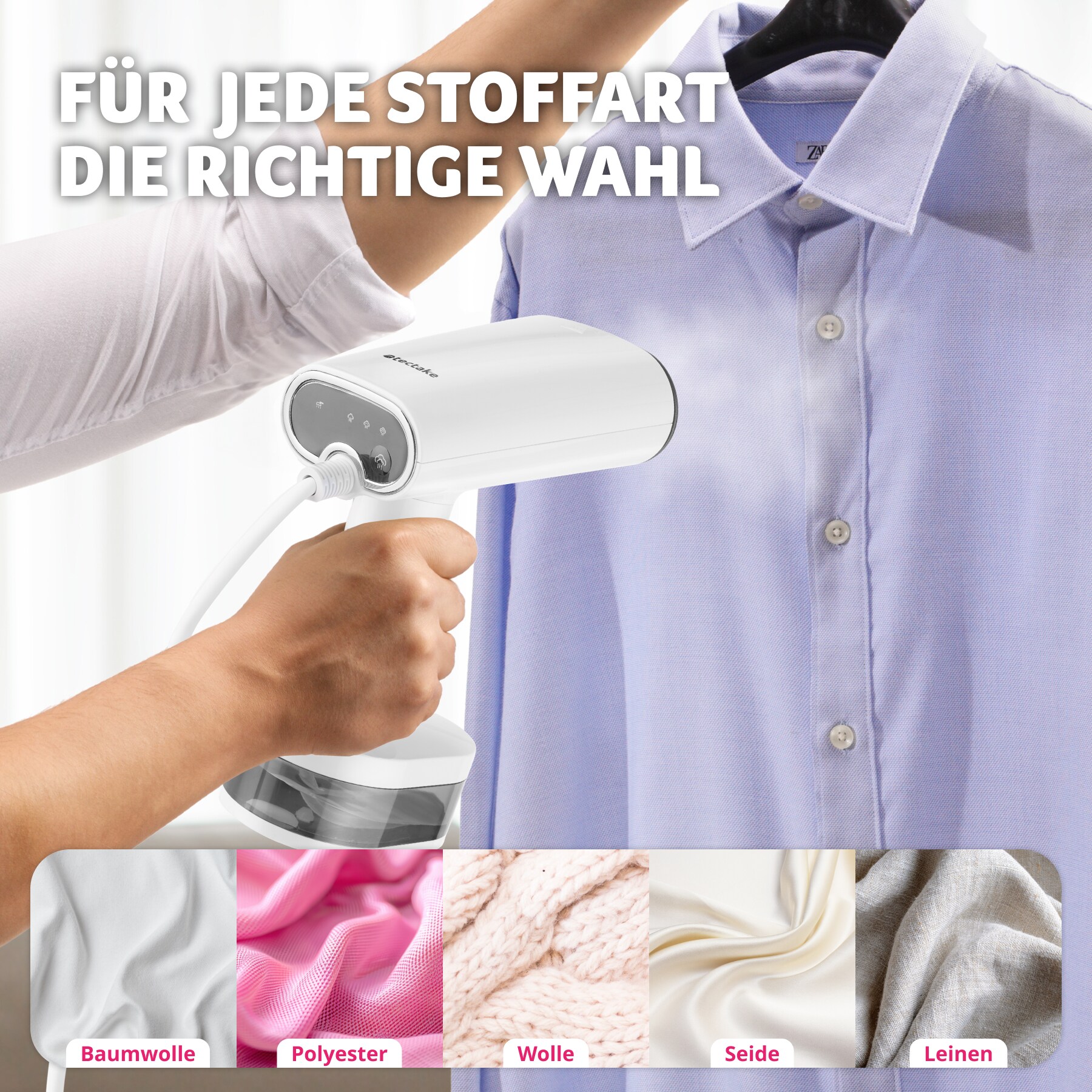 tectake® Dampfglätter, 3 Dampfmodi und Trockenbügelfunktion, Aluminium-Heizplatte, textilschonend, LCD-Display, 15 x 9,5 x 23 cm