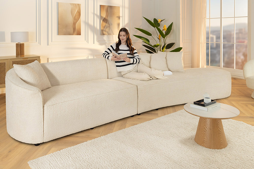 Modernes Sofa ATELIER L 330cm beige Bouclé XXL-Couch Nosagfederung inkl. Kissen