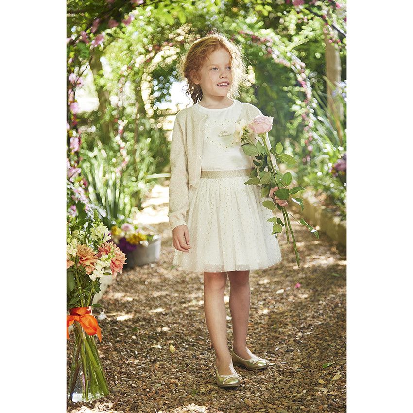 Gilet court en tricot avec base festonnée pour fille - Beige