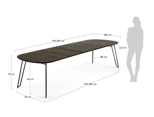 LF - Table de salle à manger Norfort ovale noire 170/320 x 100 cm