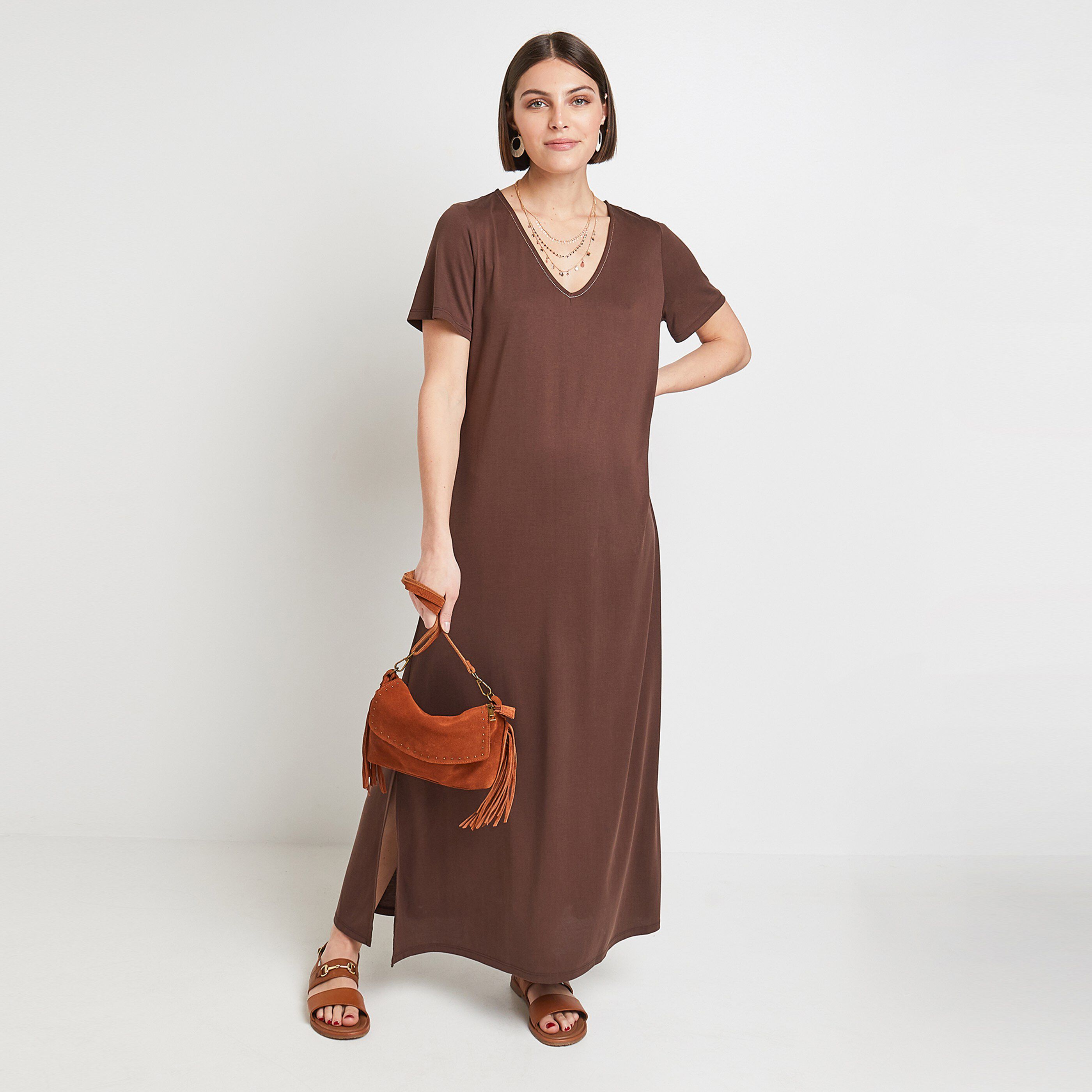 Robe tshirt longue femme - MARRON