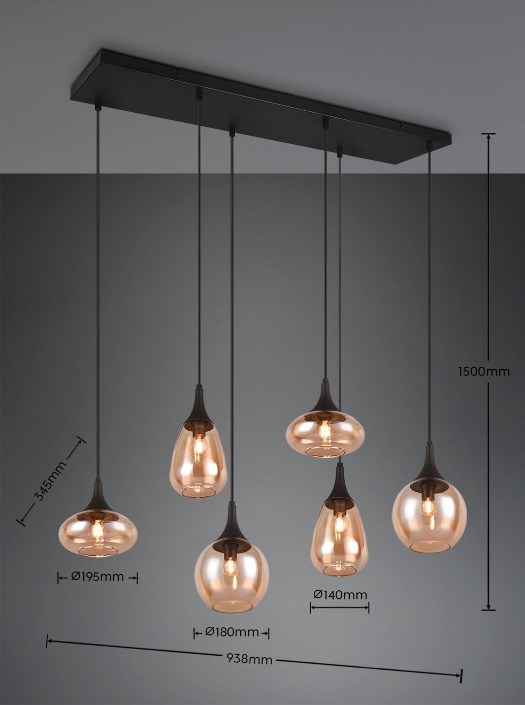 Trio Leuchten Pendelleuchte Lumina 317000613, Metall Schwarz matt, Glas amber, exkl. 6x E14, Bernsteinfarben
